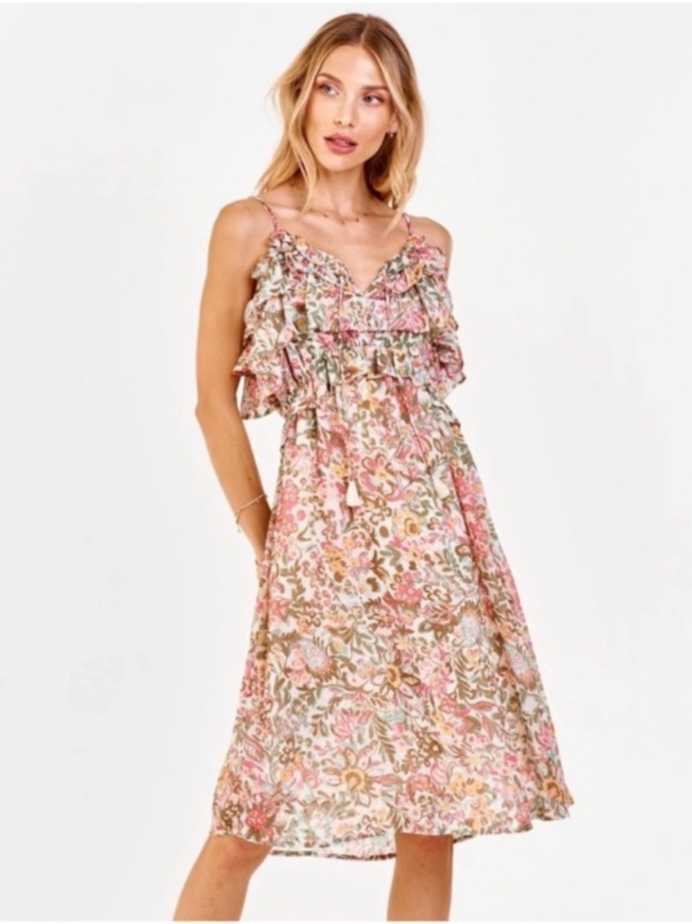 Anthropologie DEAR JOHN Spring Paisley
Floral VALENTINA Ruffle Bust Midi Dress S